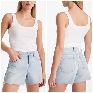Express High Waisted Midi Light Wash Shorts